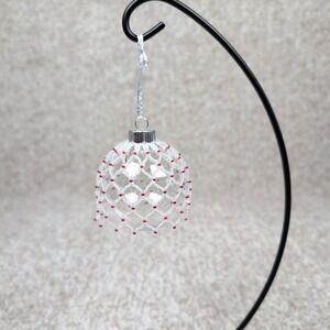 Handmade Beaded Christmas Ornament Clear Ball Red White Holiday Decor